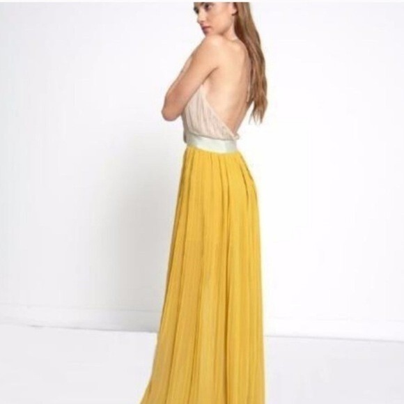 LUCY PARIS NWT Pleated Halter Goldie Maxi Dress Backless Gold Yellow Beige Small - Picture 3 of 16